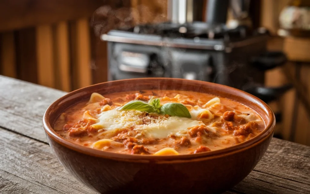 Bowl of creamy lasagna soup with tomato sauce, ground meat, melted cheese, and fresh basil garnish.