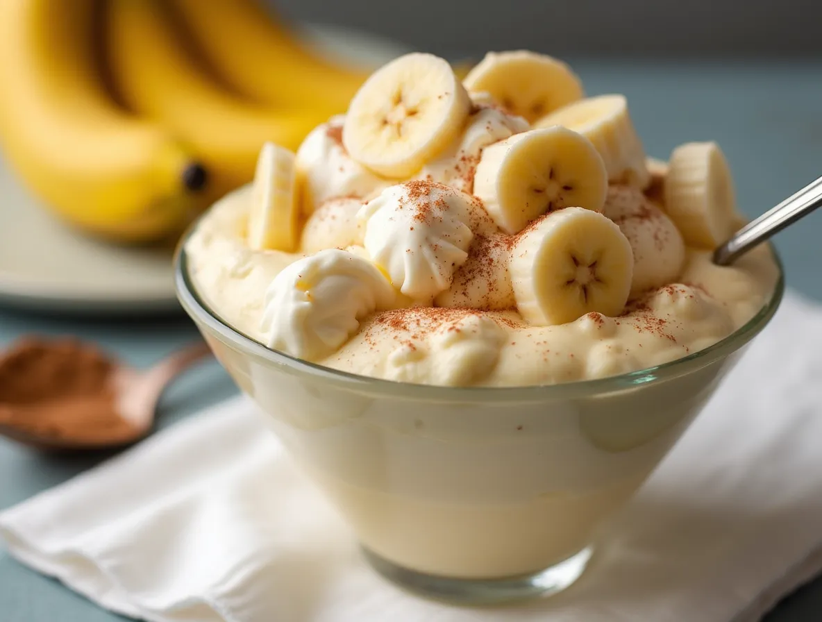 Paula Deen Banana Pudding Recipe, dessert in a glass bowl, topped with fresh banana slices, whipped cream, and a dusting of cinnamon, with ripe bananas in the background.