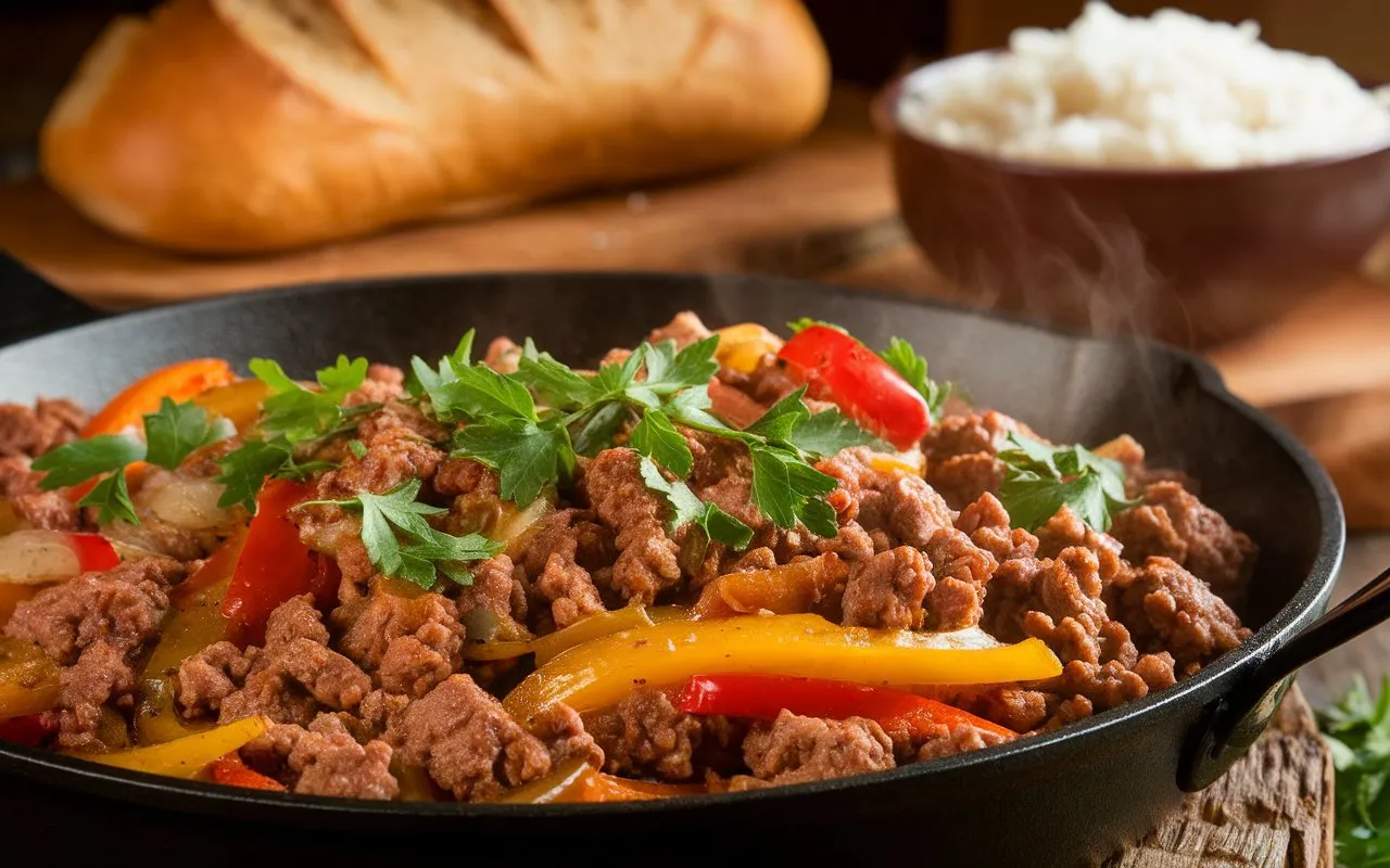 A sizzling skillet of seasoned ground beef with bell peppers, onions, and fresh parsley, served with bread and rice in the background.