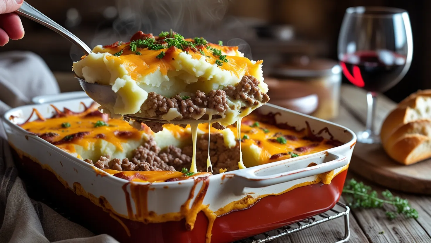 A close-up of a spoon lifting a serving of Ground Beef and Potato Recipes and mashed potato casserole with melted cheddar cheese. The dish is garnished with fresh parsley, and a glass of red wine with sliced bread is visible in the background.