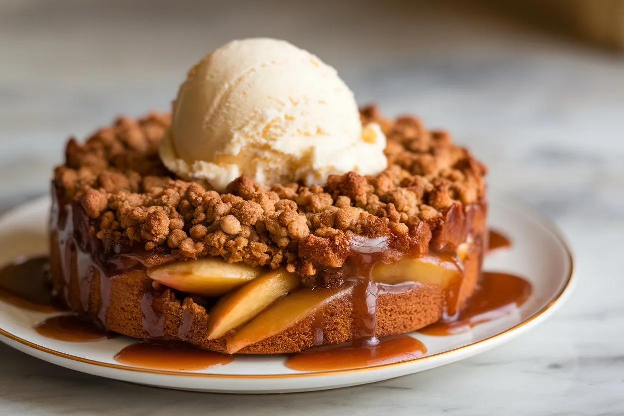 A caramel apple dump cake with a golden crumb topping, fresh apple slices, drizzled caramel sauce, and a scoop of vanilla ice cream on top, served on a white plate. Title: Decadent Caramel Apple Dump Cake with Ice Cream