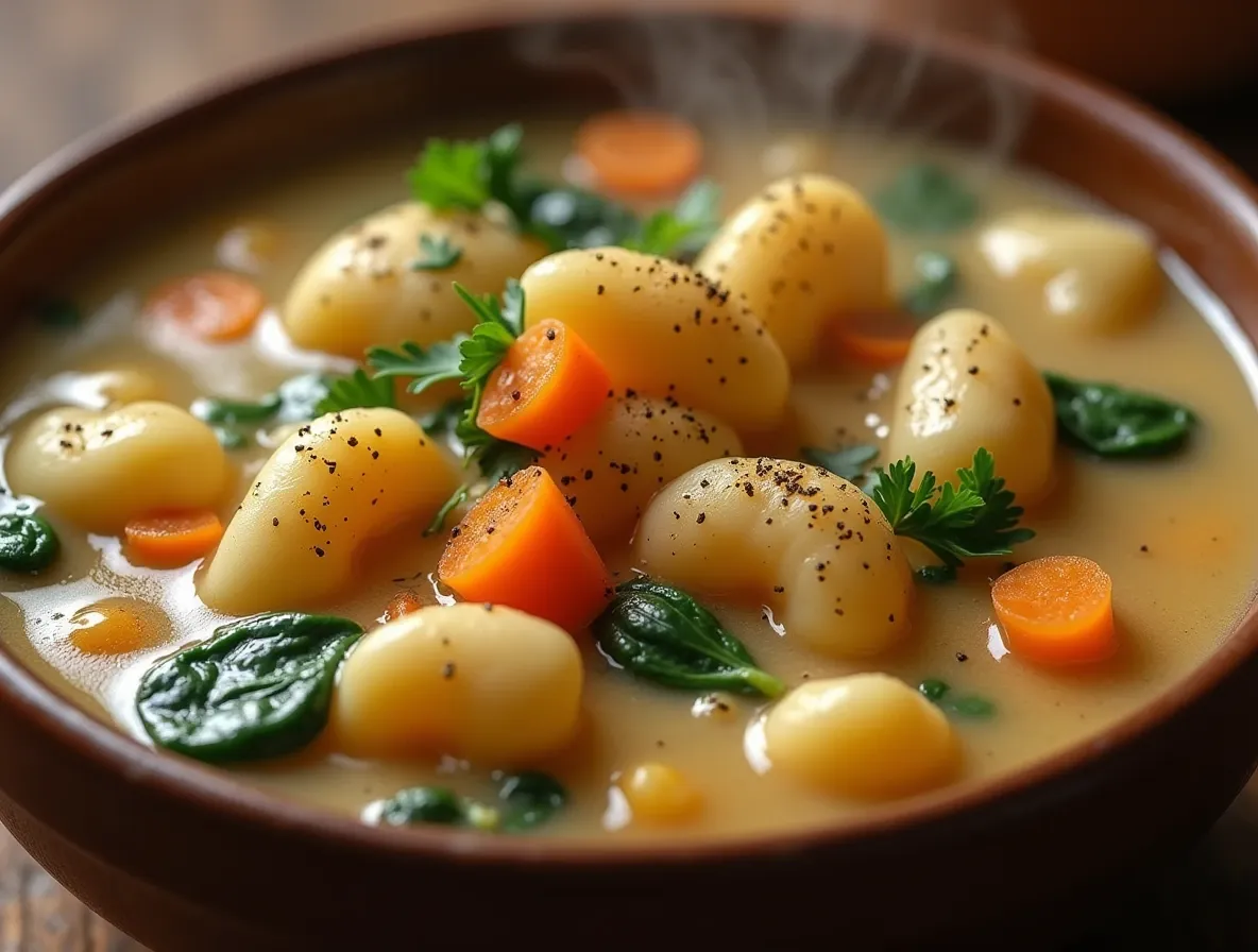 A steaming bowl of Olive Garden Chicken Gnocchi Soup with tender gnocchi, shredded chicken, carrots, and spinach in a rich, creamy broth.