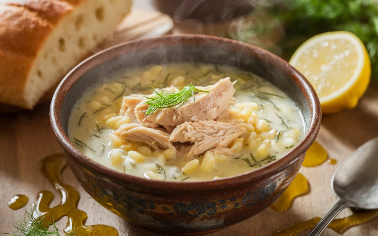 Bowl of creamy chicken orzo soup with shredded chicken, fresh dill, and lemon, served with bread.