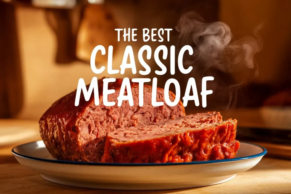 A juicy Ground Beef Recipes: 5 Steps to Make the Best Classic Meatloaf, homemade classic meatloaf with a rich, glazed crust, steaming hot on a blue-rimmed plate. The background features a cozy wooden kitchen setting. Bold white text reads: "The Best Classic Meatloaf.