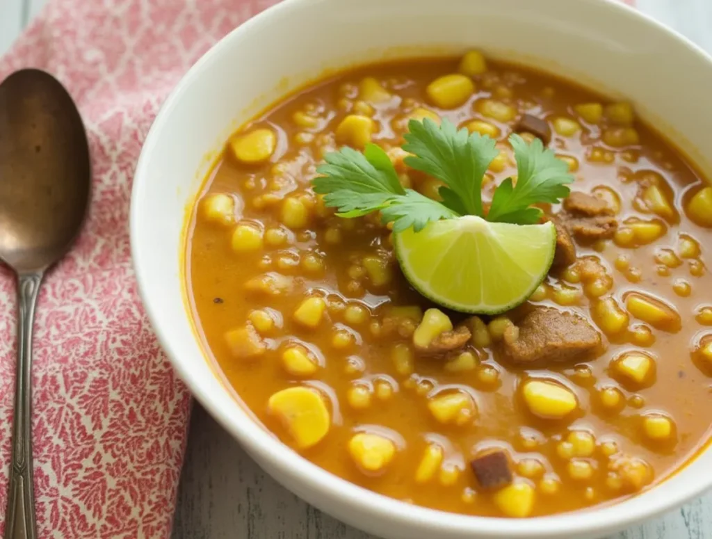 A bowl of Mexican Street Corn Soup garnished with fresh cilantro and a lime wedge, served with a vintage spoon and patterned napkin.