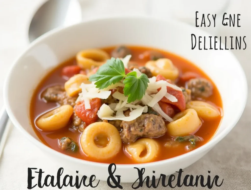 A bowl of Italian sausage tortellini soup with cheese and fresh parsley, served with a spoon on a white napkin.