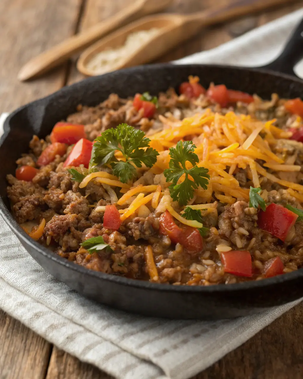 Close-up of a hearty ground beef and rice skillet with melted cheddar cheese and fresh parsley garnish.