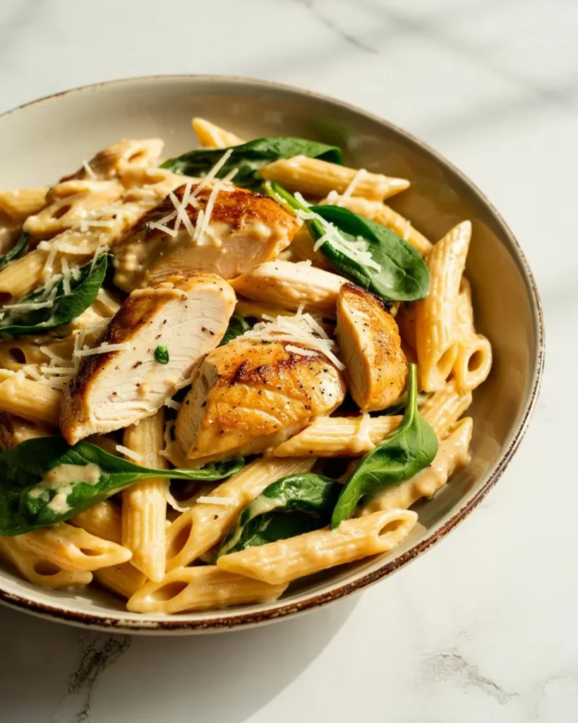 A bowl of creamy penne pasta with spinach and tender chicken pieces, topped with grated Parmesan cheese, presented in a rustic ceramic bowl on a white marble surface.